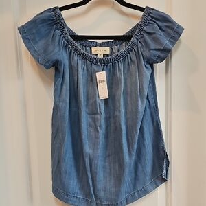Cloth & Stone Blue Puff Sleeve Smocked Blouse